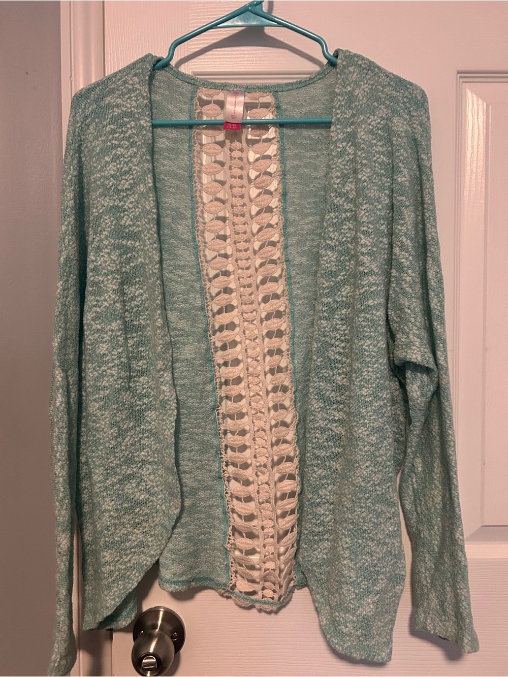 No boundaries  Mint & Cream Crochet-Back Open Cardigan